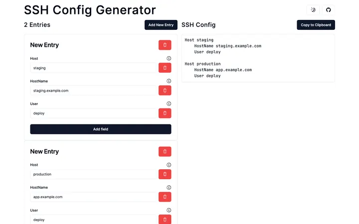 Live-Ansicht von SSH Config Generator